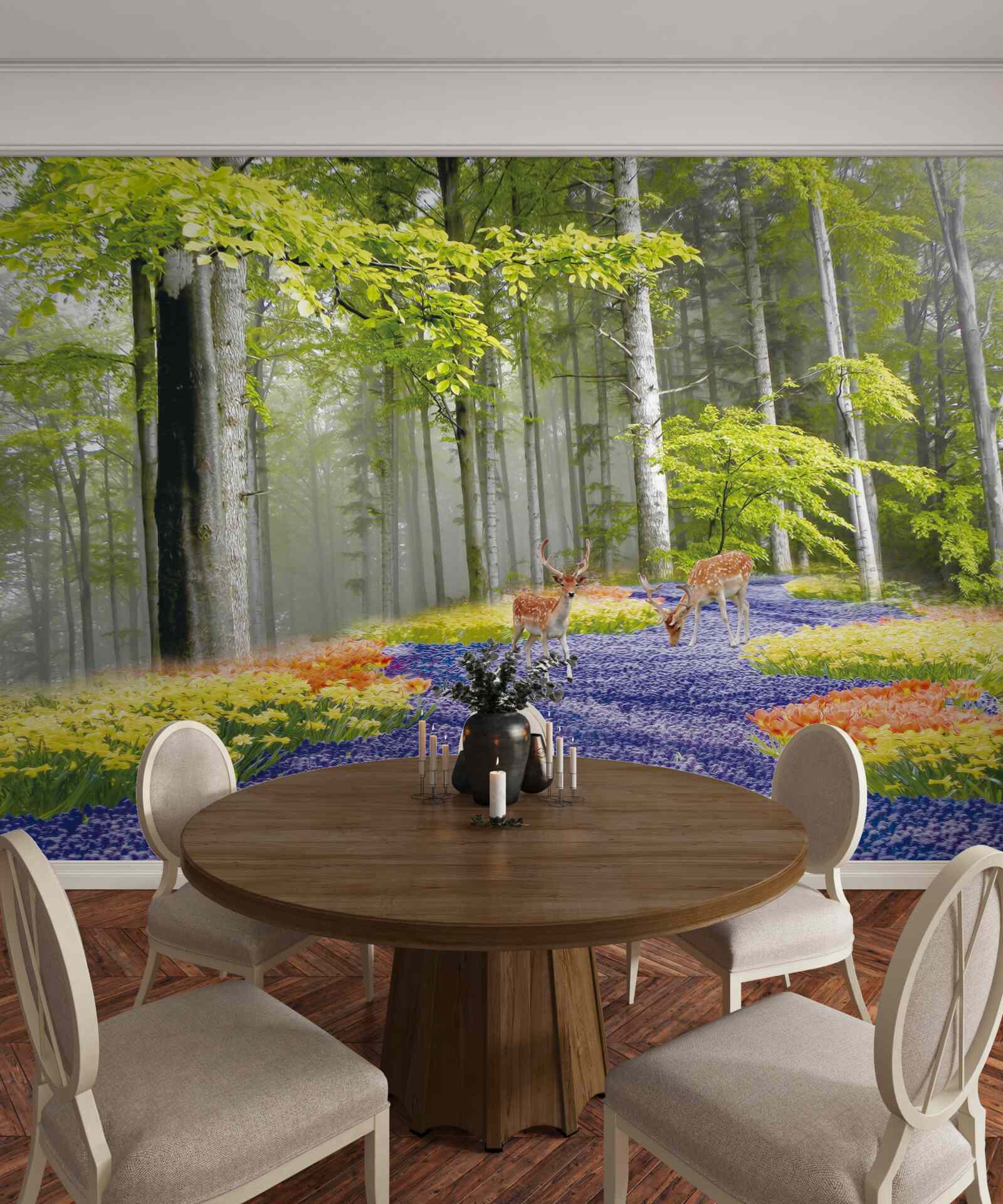 Фотошпалери олені гуляють зеленим лісом