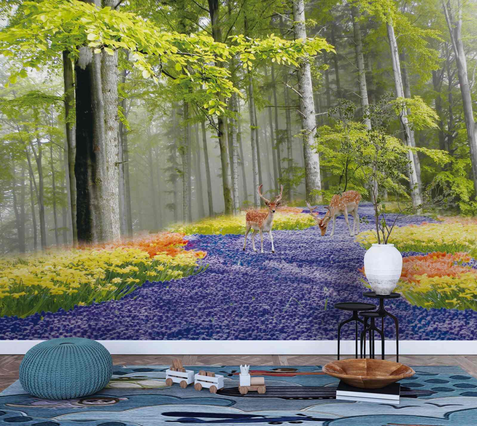 Фотошпалери олені гуляють зеленим лісом