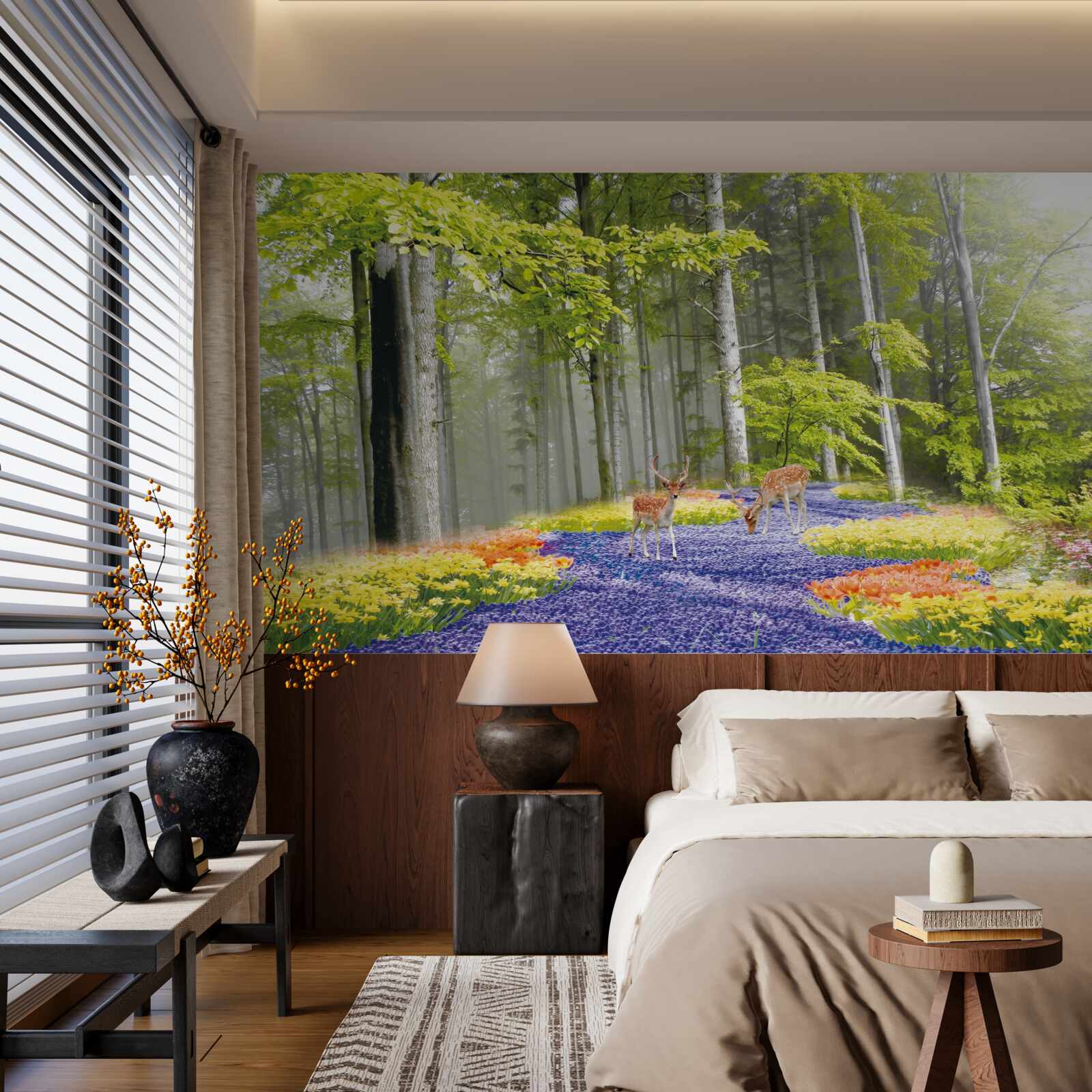 Фотошпалери олені гуляють зеленим лісом