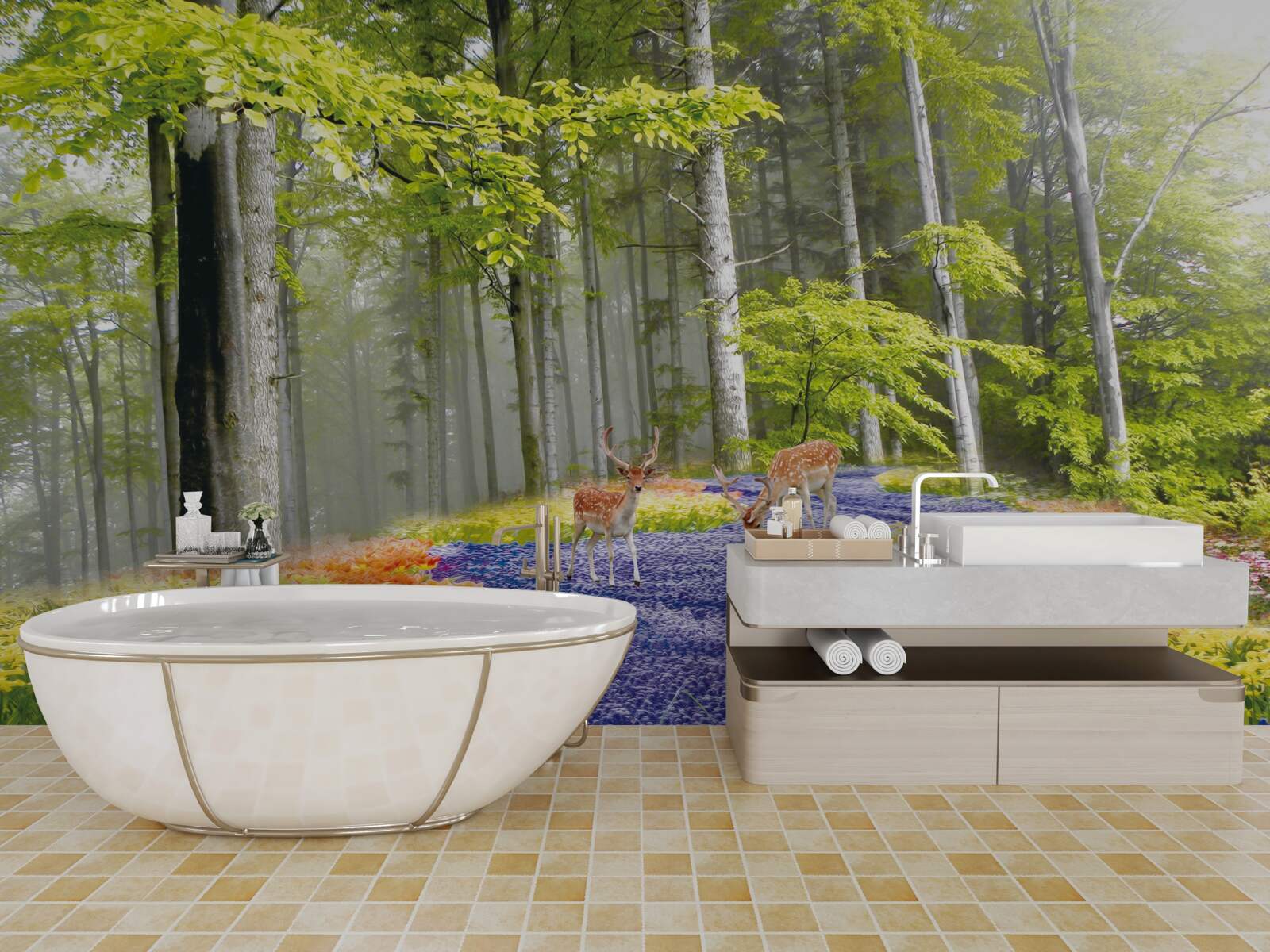 Фотошпалери олені гуляють зеленим лісом