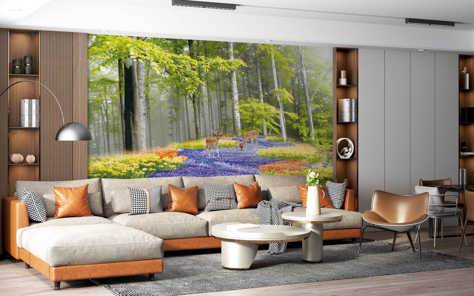 Фотошпалери олені гуляють зеленим лісом