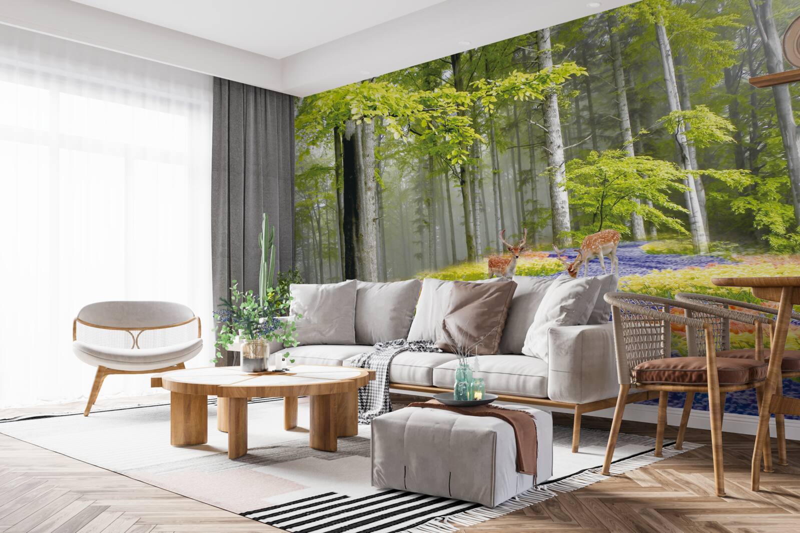 Фотошпалери олені гуляють зеленим лісом