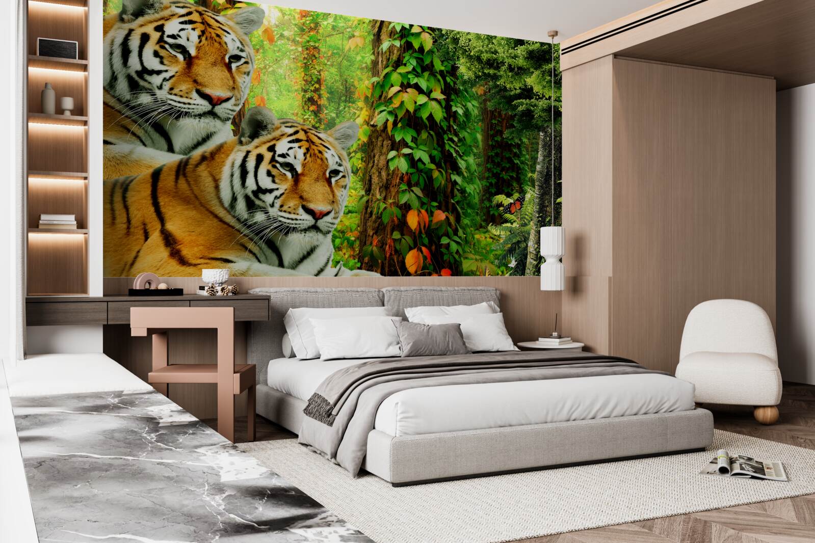 Фотошпалери сім'я тигрів у зеленій гущавині лісу