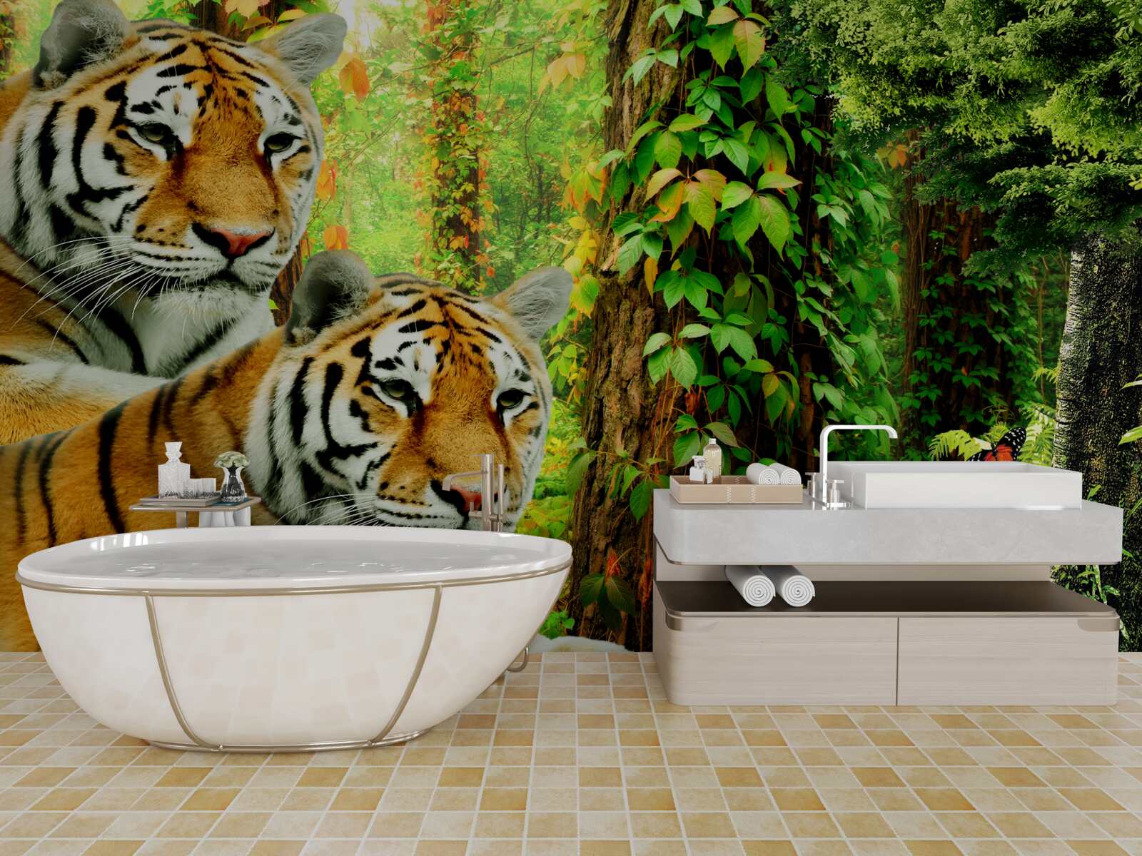 Фотошпалери сім'я тигрів у зеленій гущавині лісу