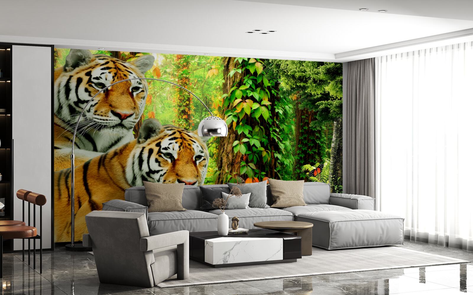 Фотошпалери сім'я тигрів у зеленій гущавині лісу