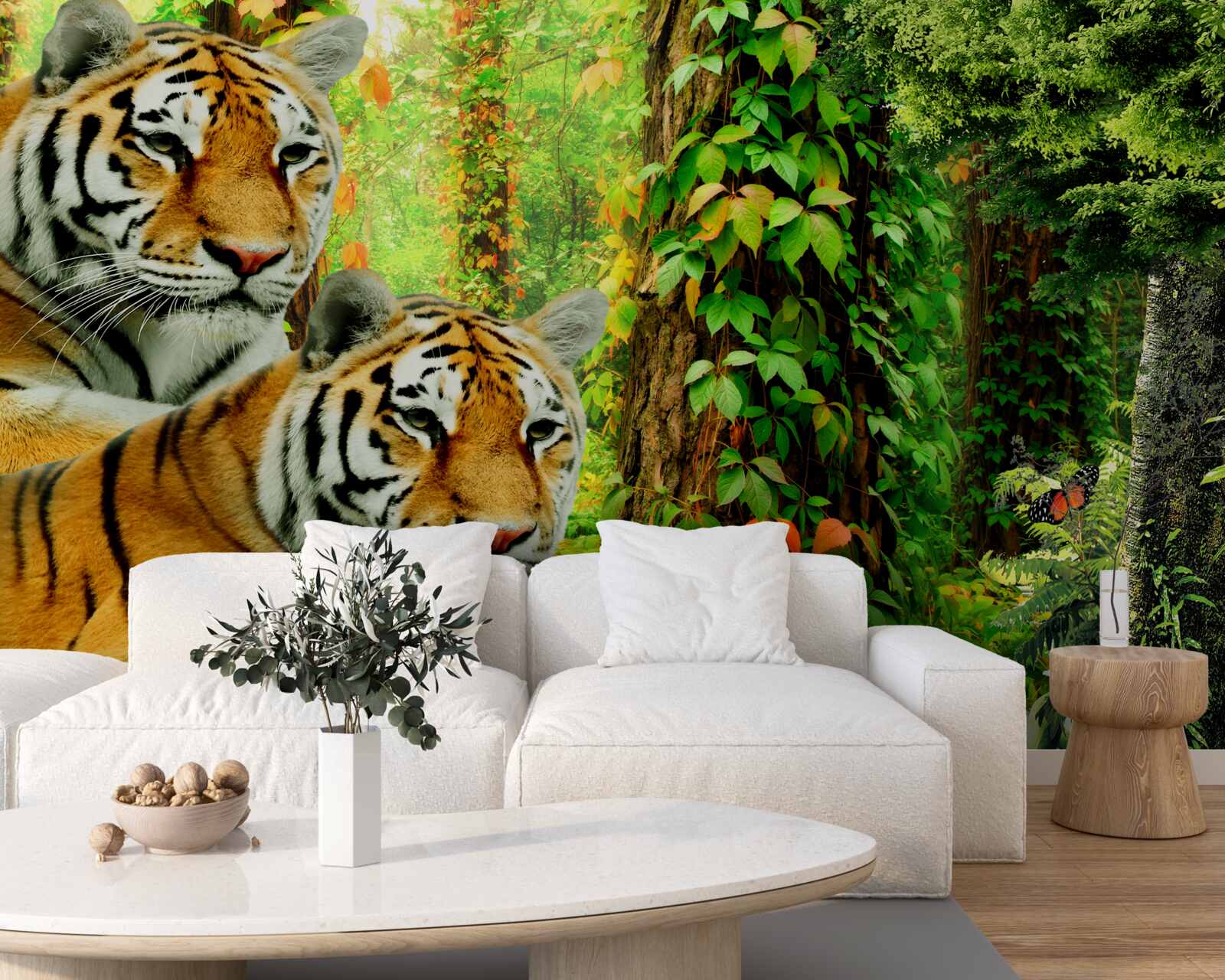 Фотошпалери сім'я тигрів у зеленій гущавині лісу