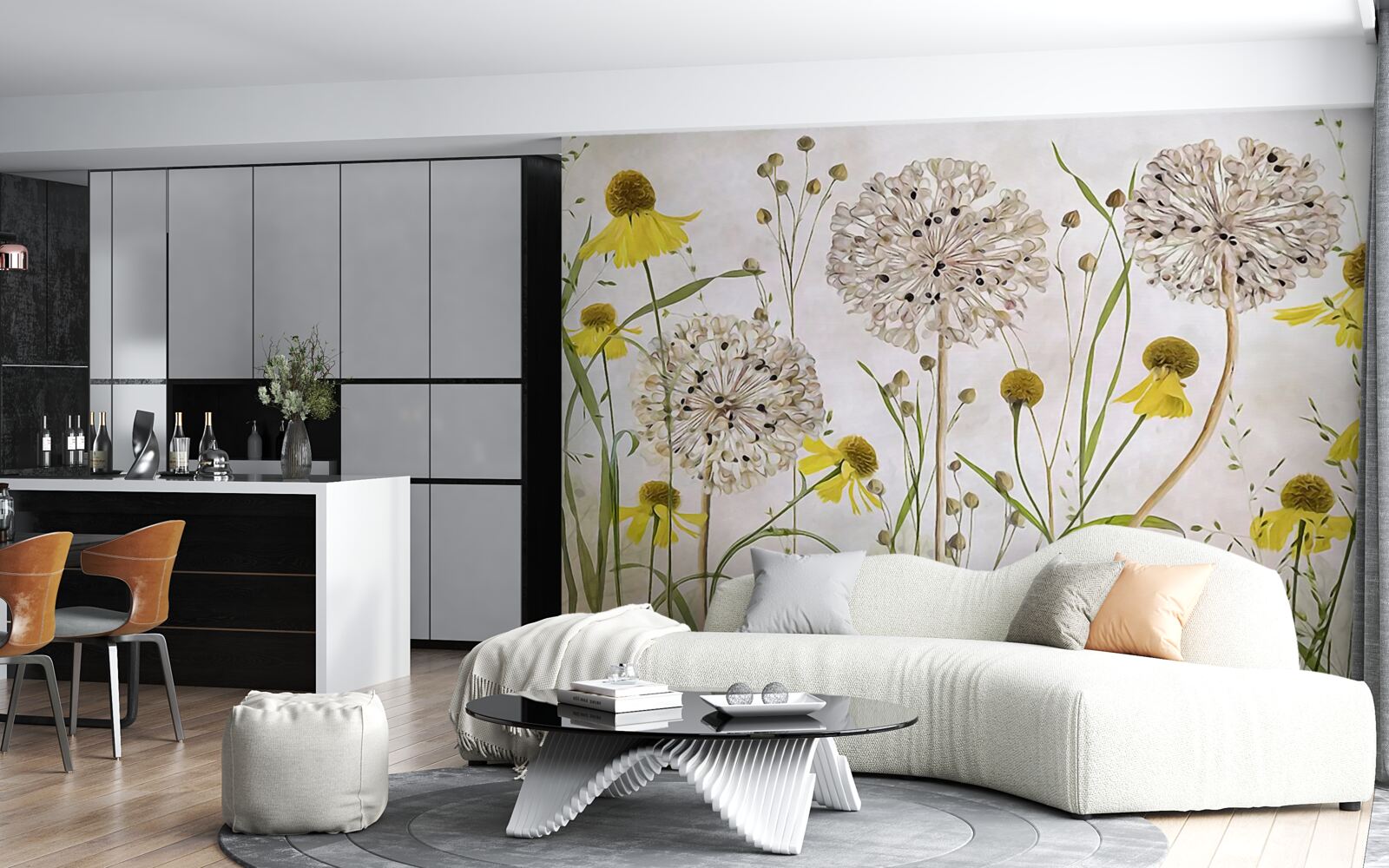 Фотошпалери квіти кульбаби на лузі та жовта флора