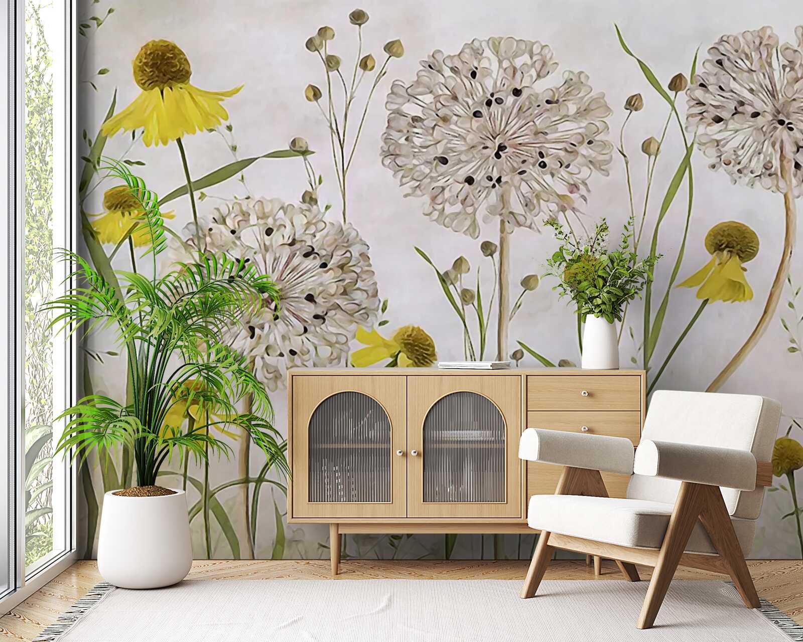 Фотошпалери квіти кульбаби на лузі та жовта флора