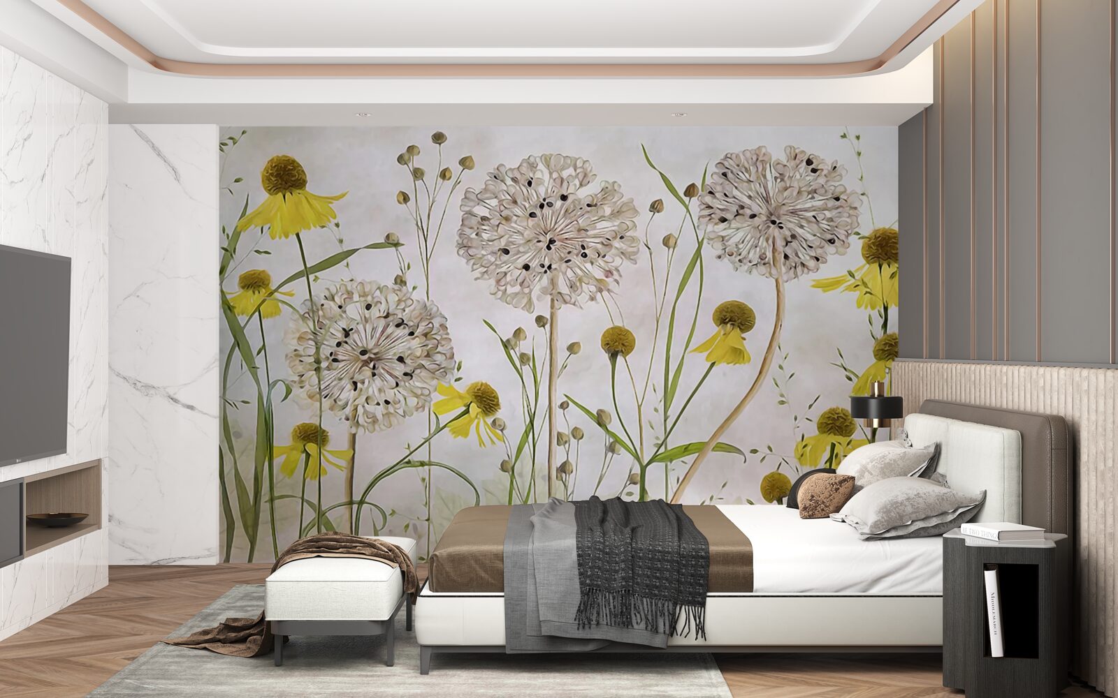 Фотошпалери квіти кульбаби на лузі та жовта флора