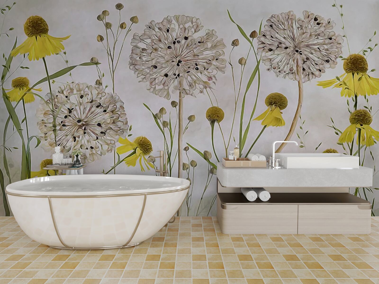 Фотошпалери квіти кульбаби на лузі та жовта флора