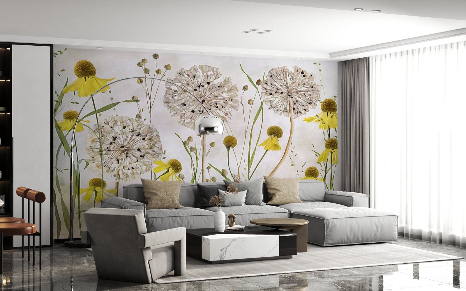 Фотошпалери квіти кульбаби на лузі та жовта флора