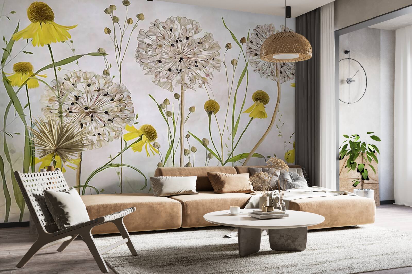 Фотошпалери квіти кульбаби на лузі та жовта флора