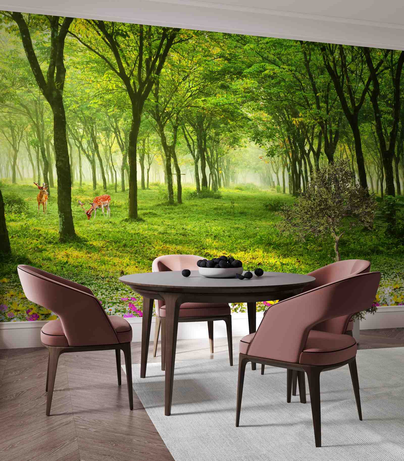 Фотошпалери Приголомшливий вид на ліс з оленями на зеленому фоні