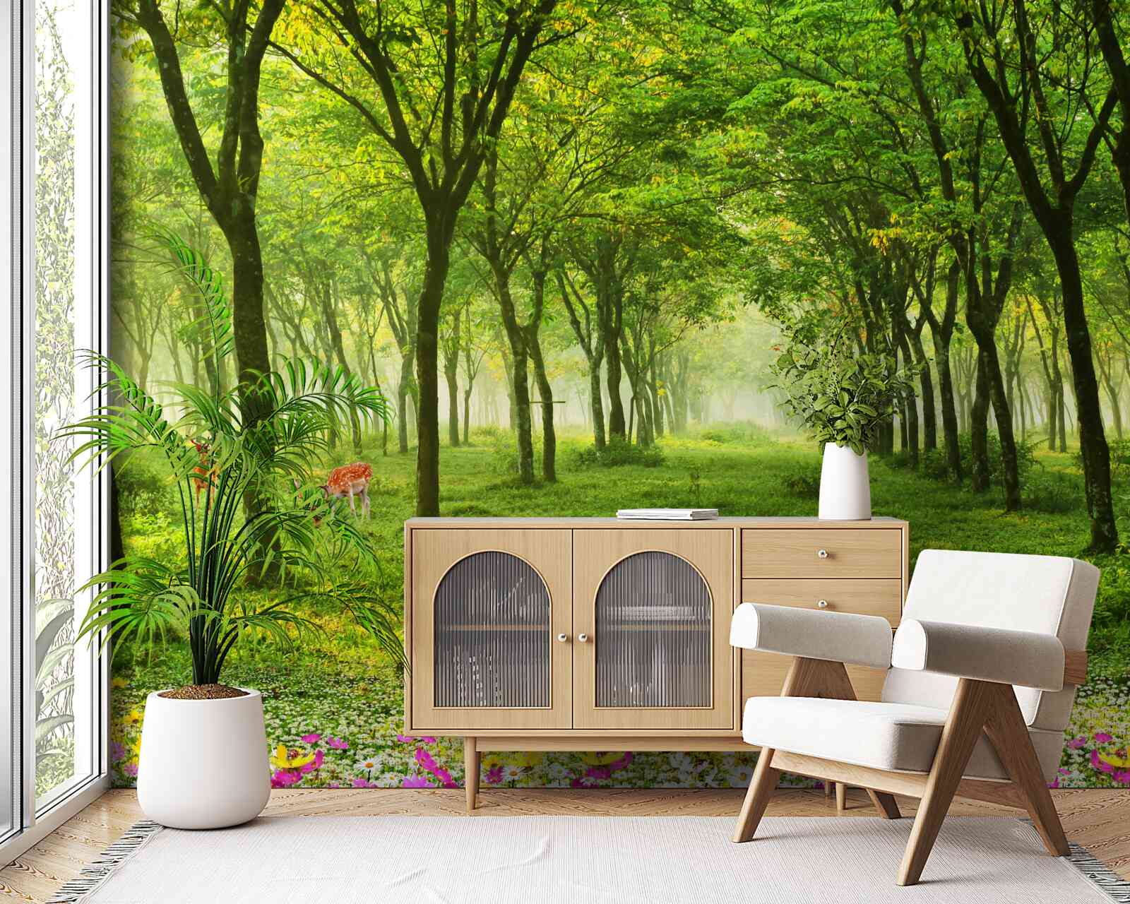 Фотошпалери Приголомшливий вид на ліс з оленями на зеленому фоні