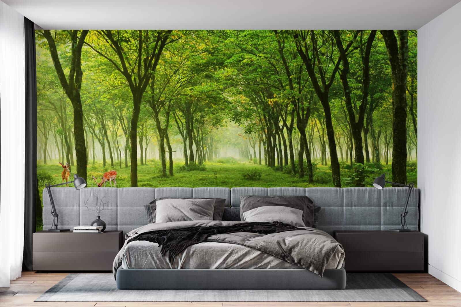 Фотошпалери Приголомшливий вид на ліс з оленями на зеленому фоні