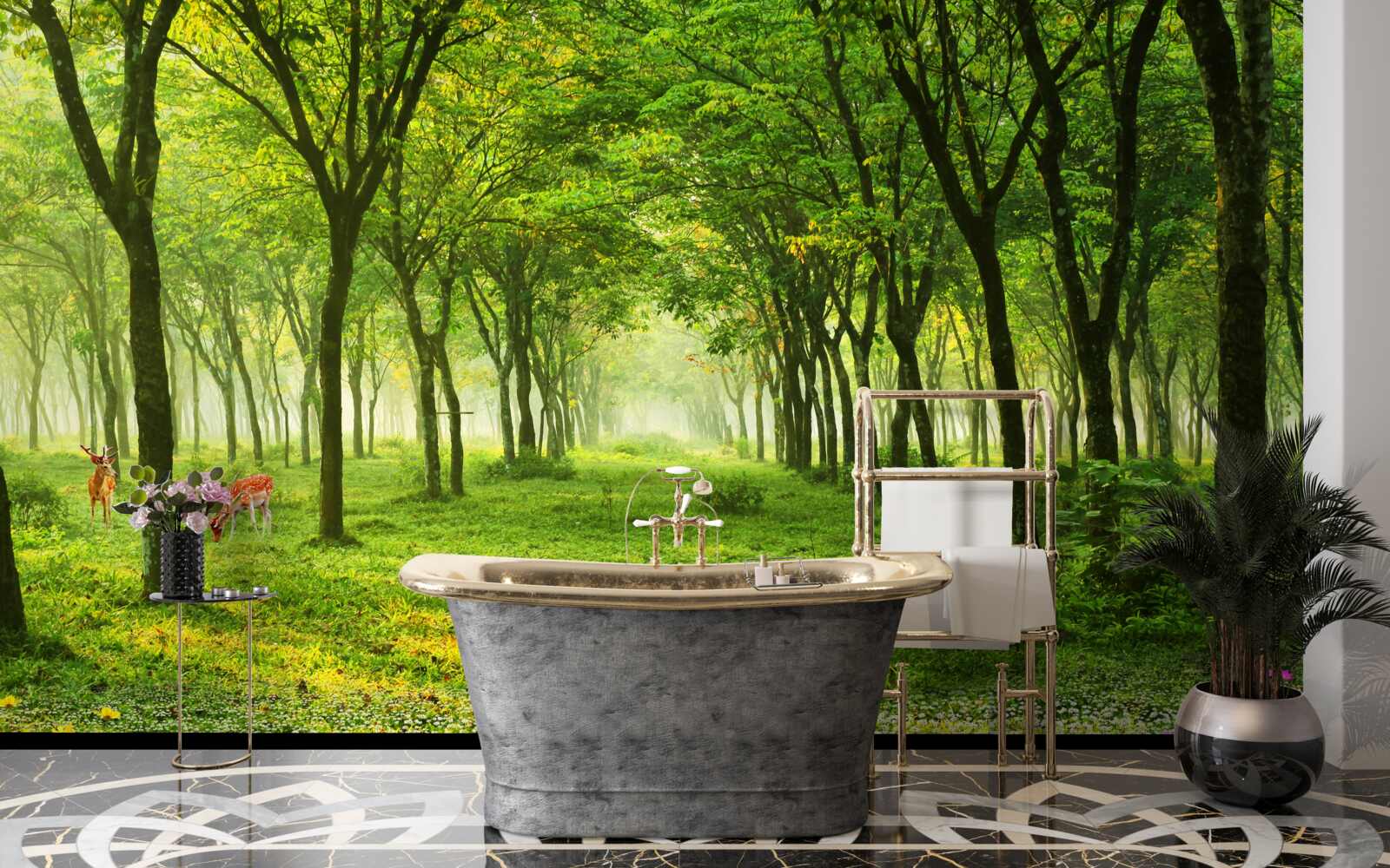 Фотошпалери Приголомшливий вид на ліс з оленями на зеленому фоні