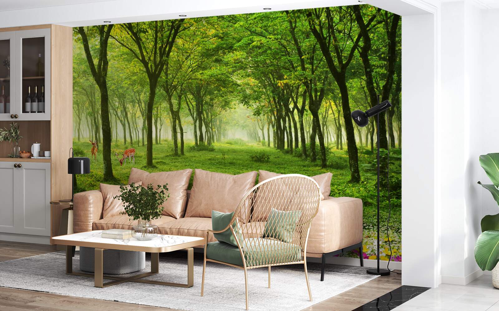 Фотошпалери Приголомшливий вид на ліс з оленями на зеленому фоні