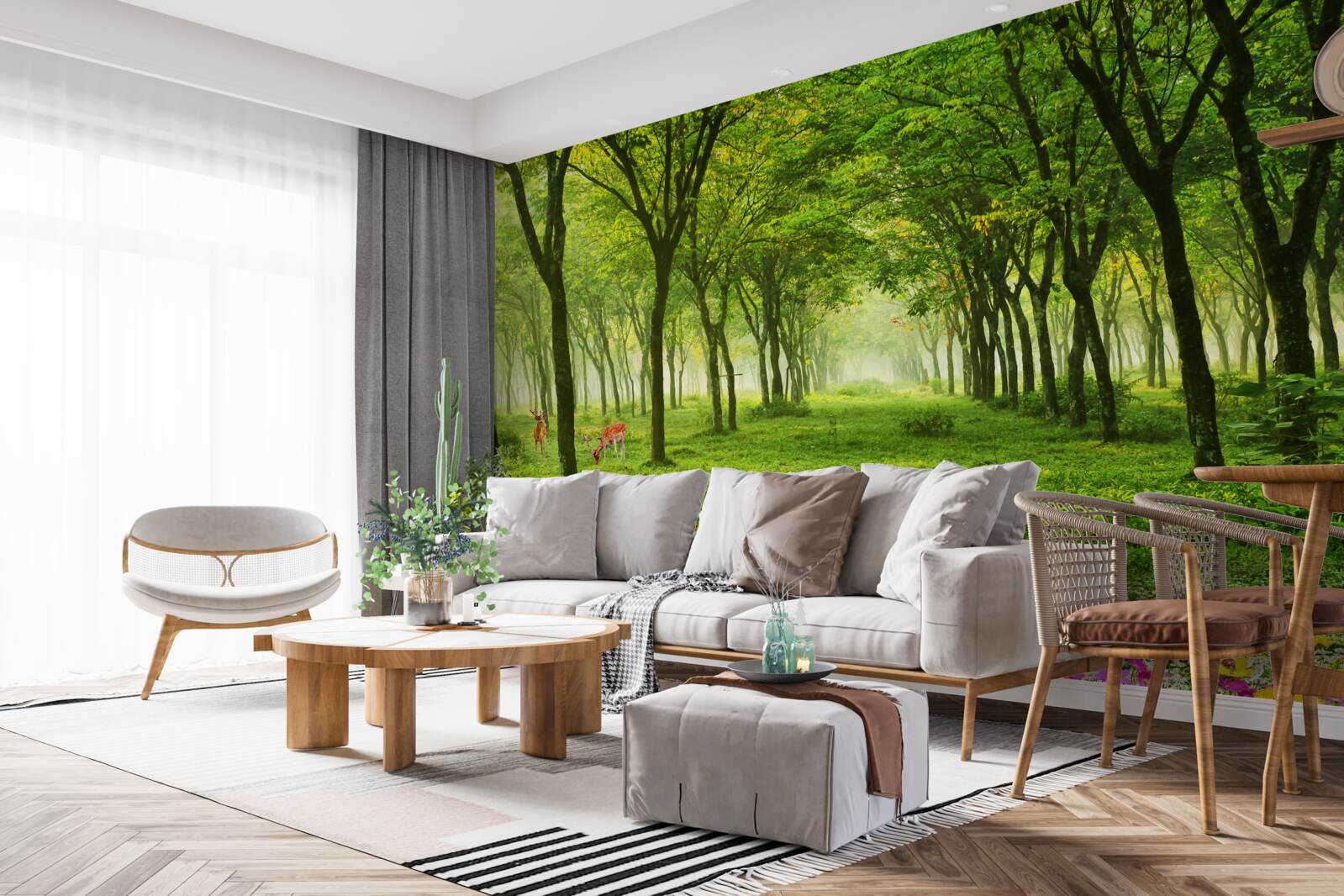 Фотошпалери Приголомшливий вид на ліс з оленями на зеленому фоні