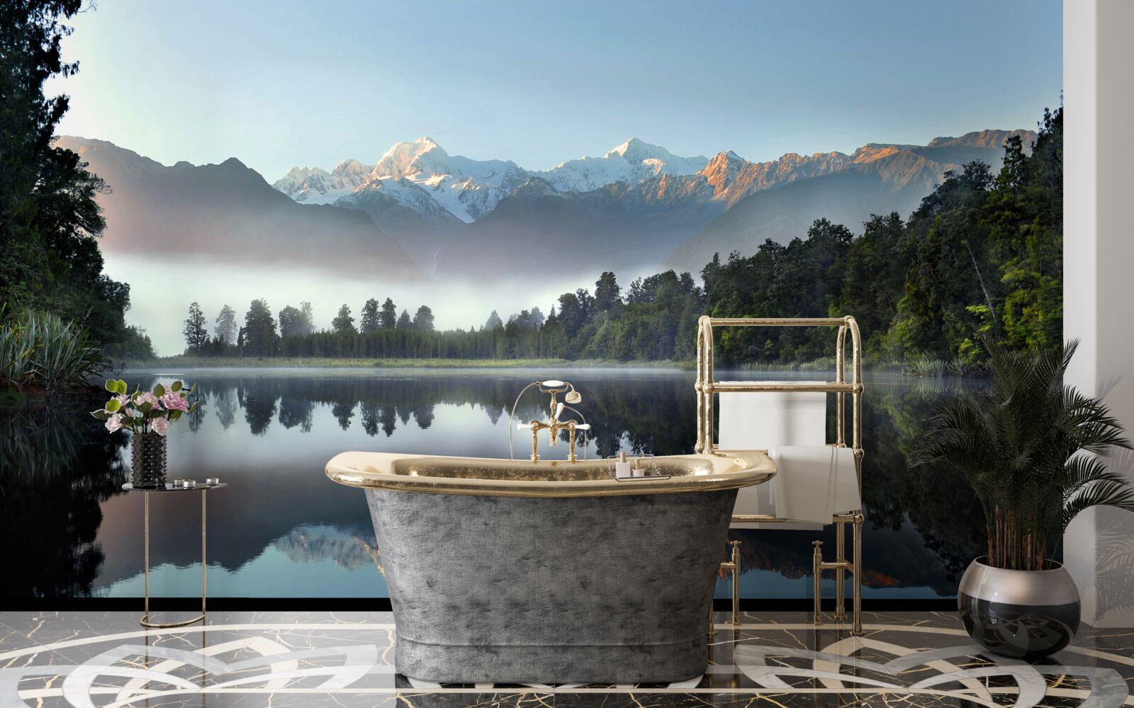 Фотошпалери верхівка гірського озера вкрита туманом