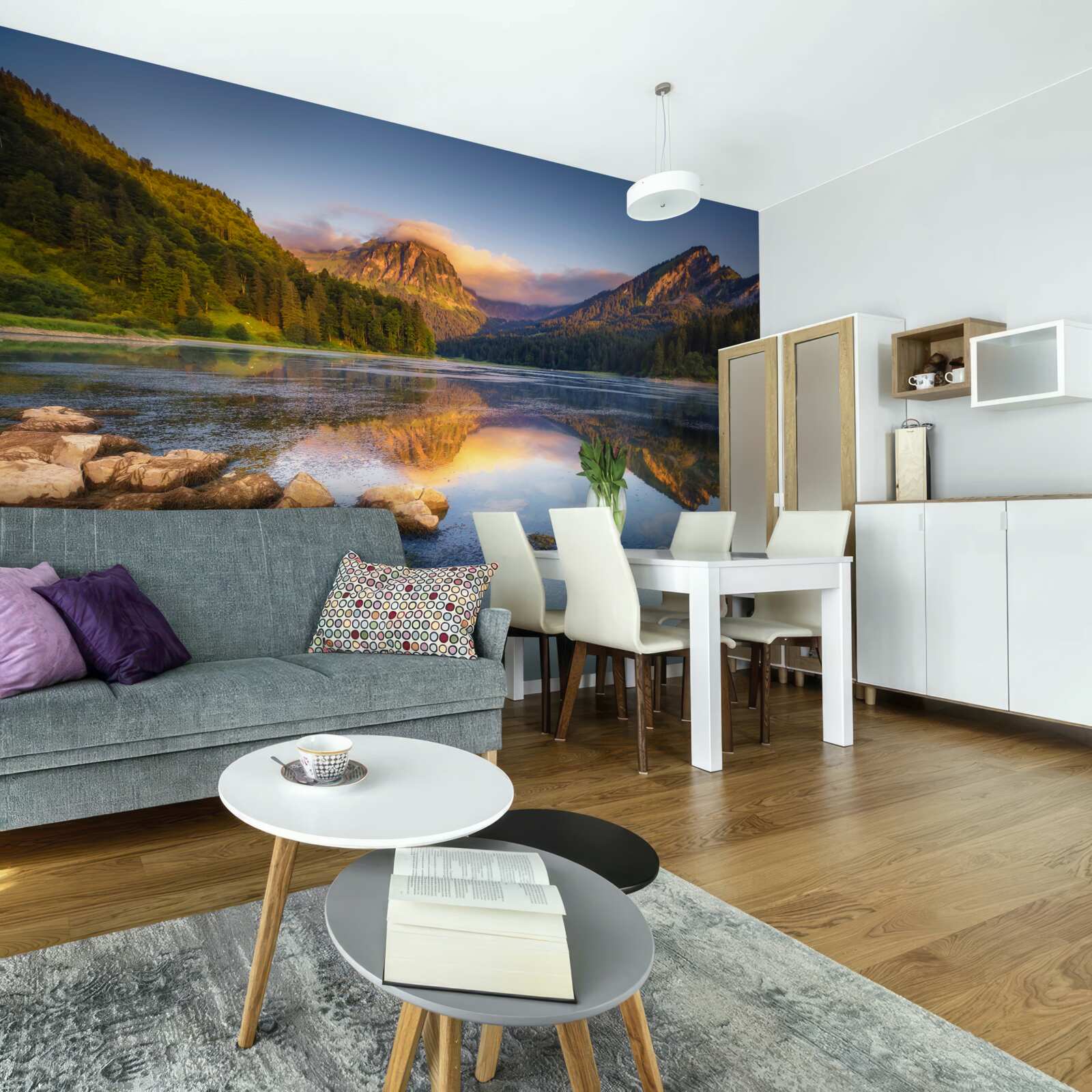 Фотошпалери захід сонця над спокійним гірським озером