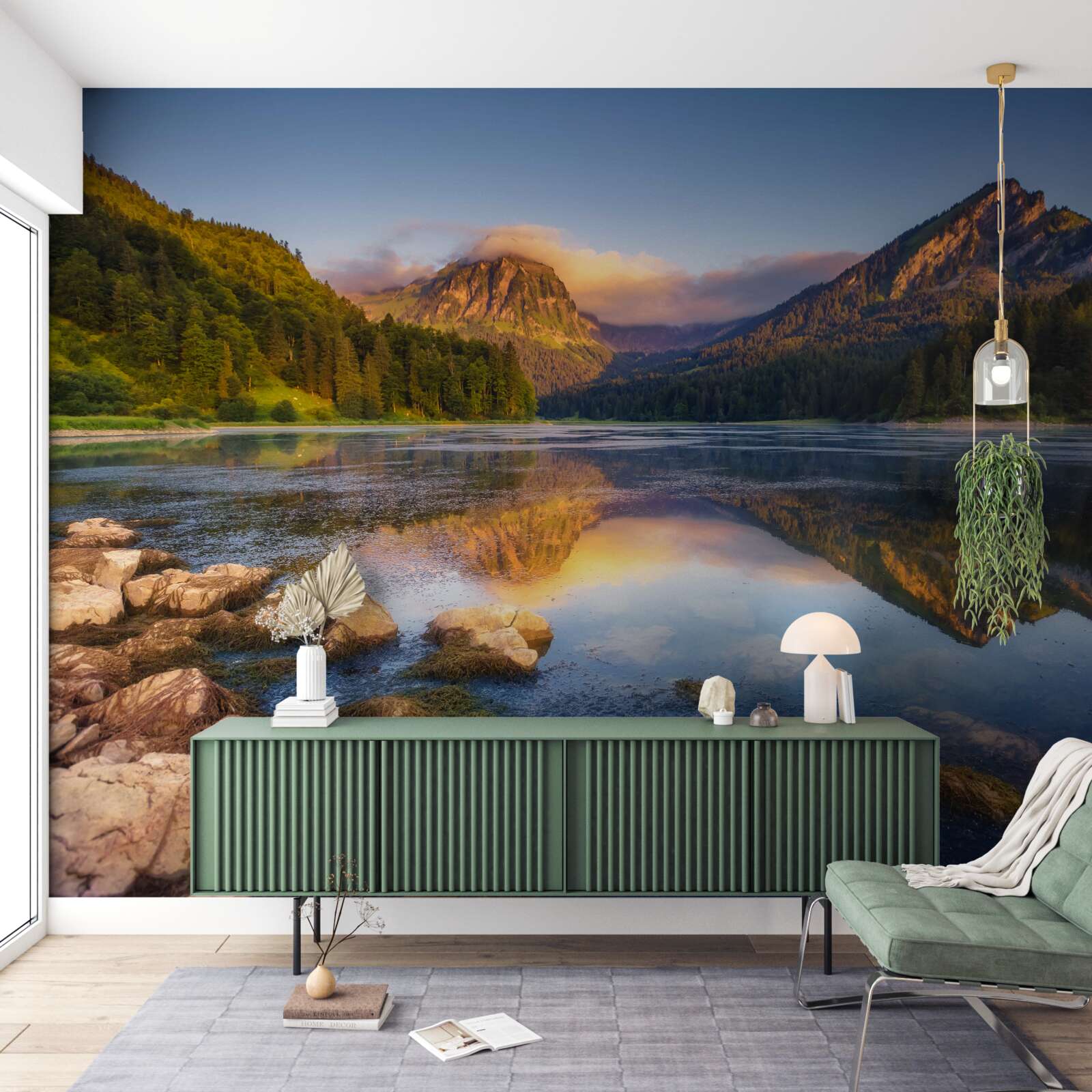 Фотошпалери захід сонця над спокійним гірським озером