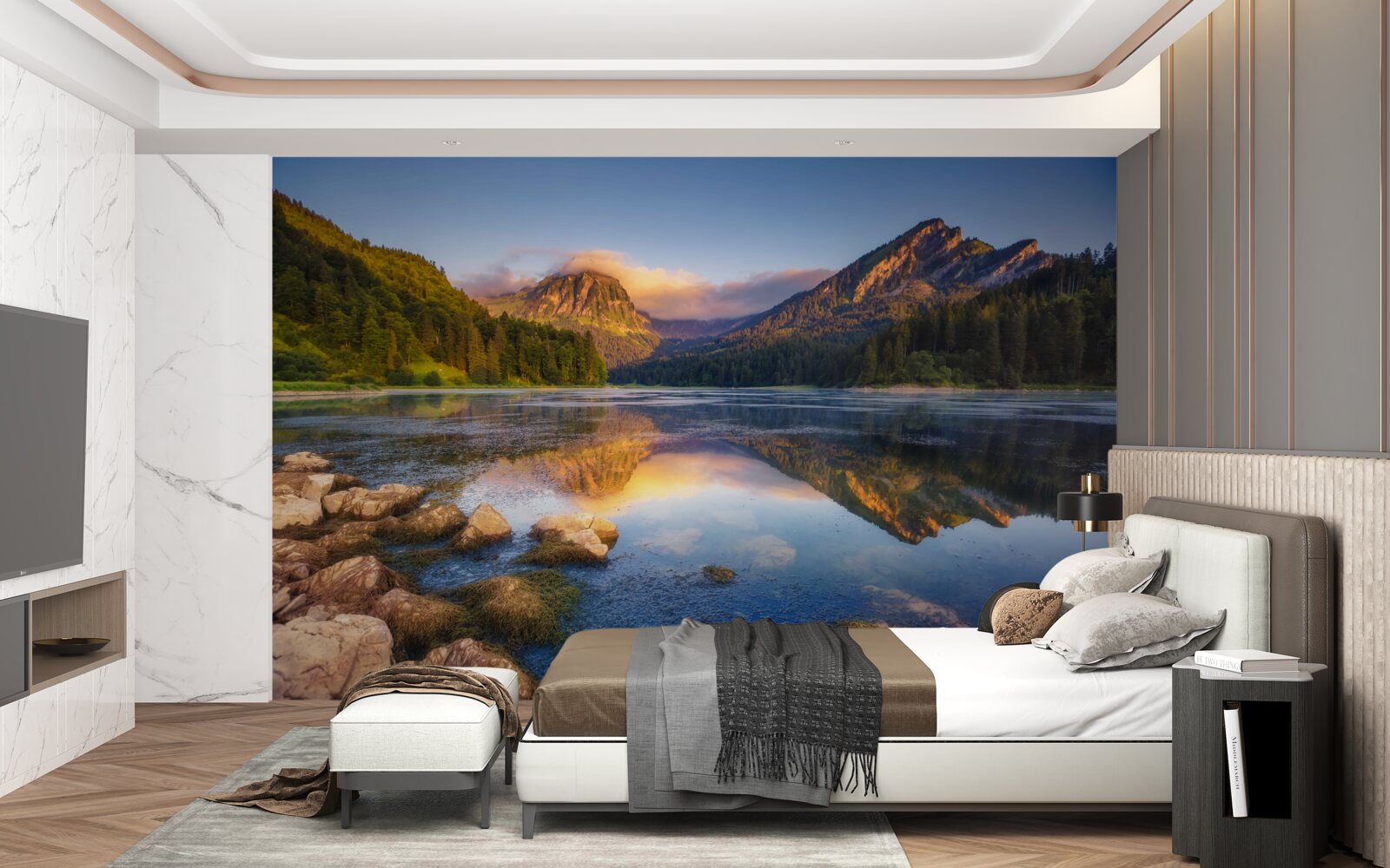 Фотошпалери захід сонця над спокійним гірським озером