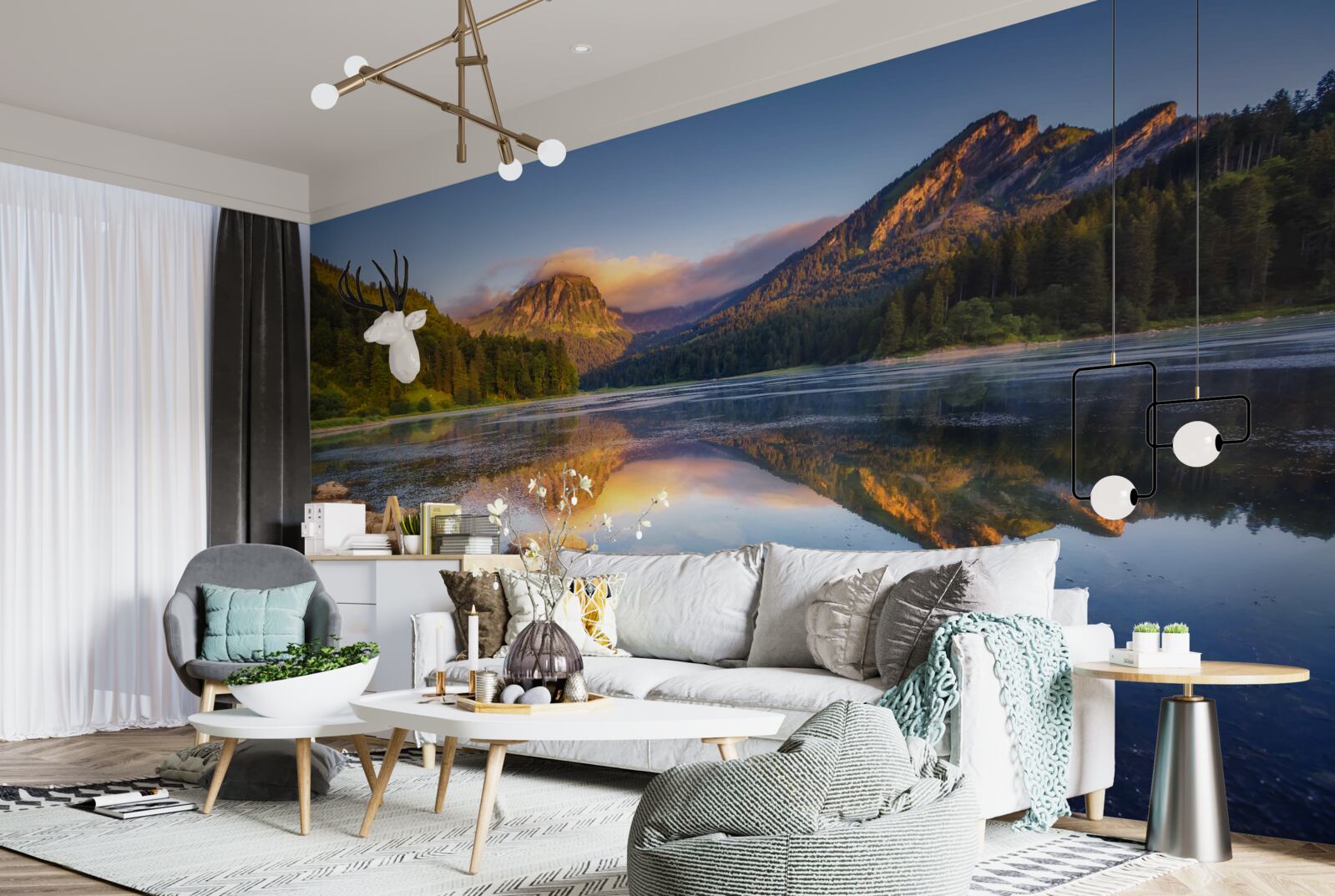 Фотошпалери захід сонця над спокійним гірським озером