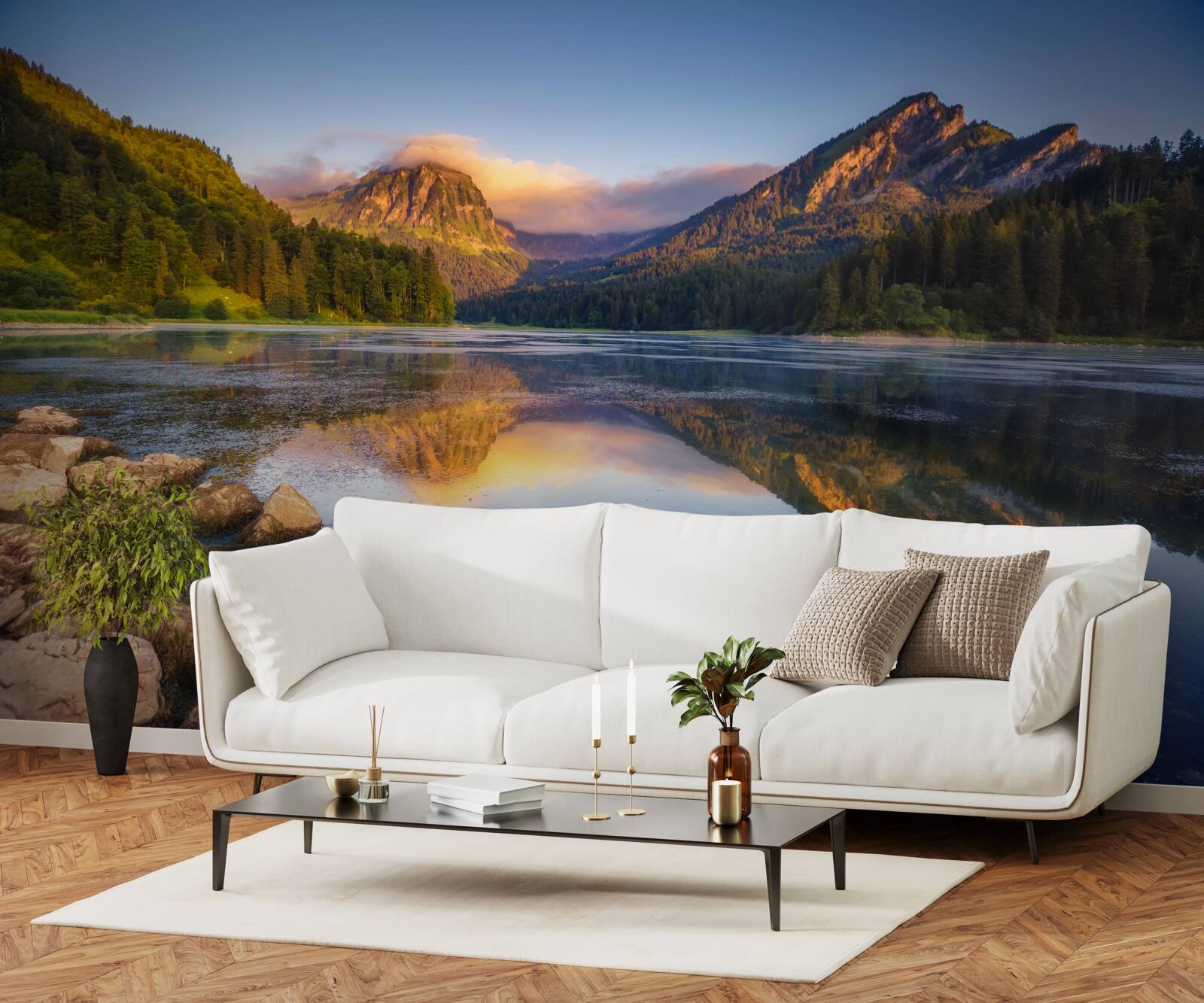 Фотошпалери захід сонця над спокійним гірським озером