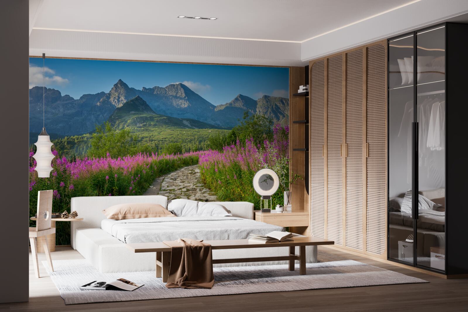 Фотошпалери Стежка посеред квітучого поля в гірській місцевості