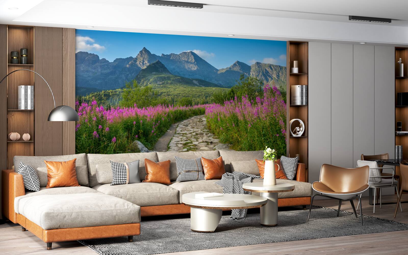 Фотошпалери Стежка посеред квітучого поля в гірській місцевості