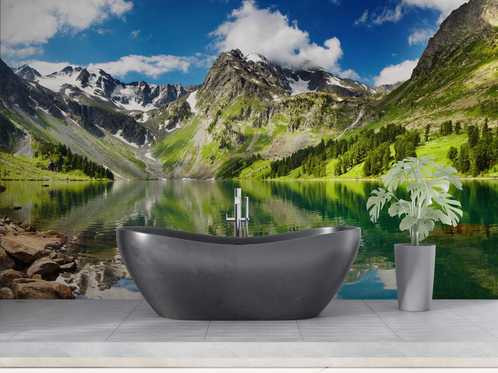 Фотошпалери спокійні води озера в горах у літній день