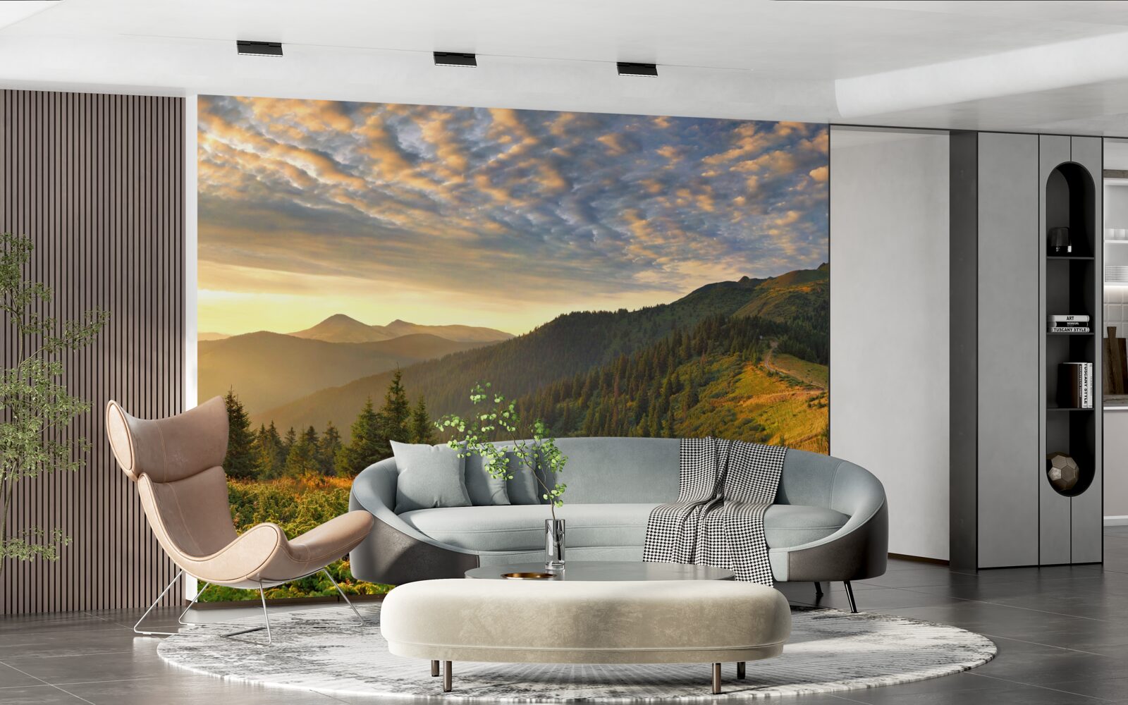 Фотошпалери хмари над горами забарвлені в теплі кольори заходу сонця