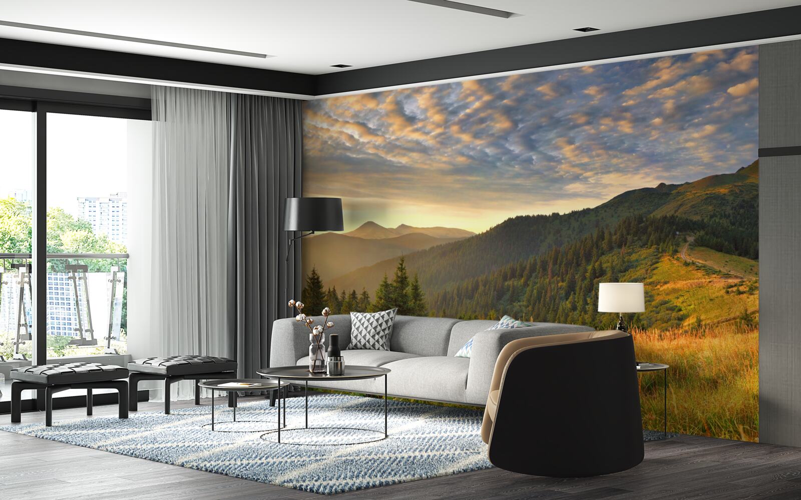 Фотошпалери хмари над горами забарвлені в теплі кольори заходу сонця