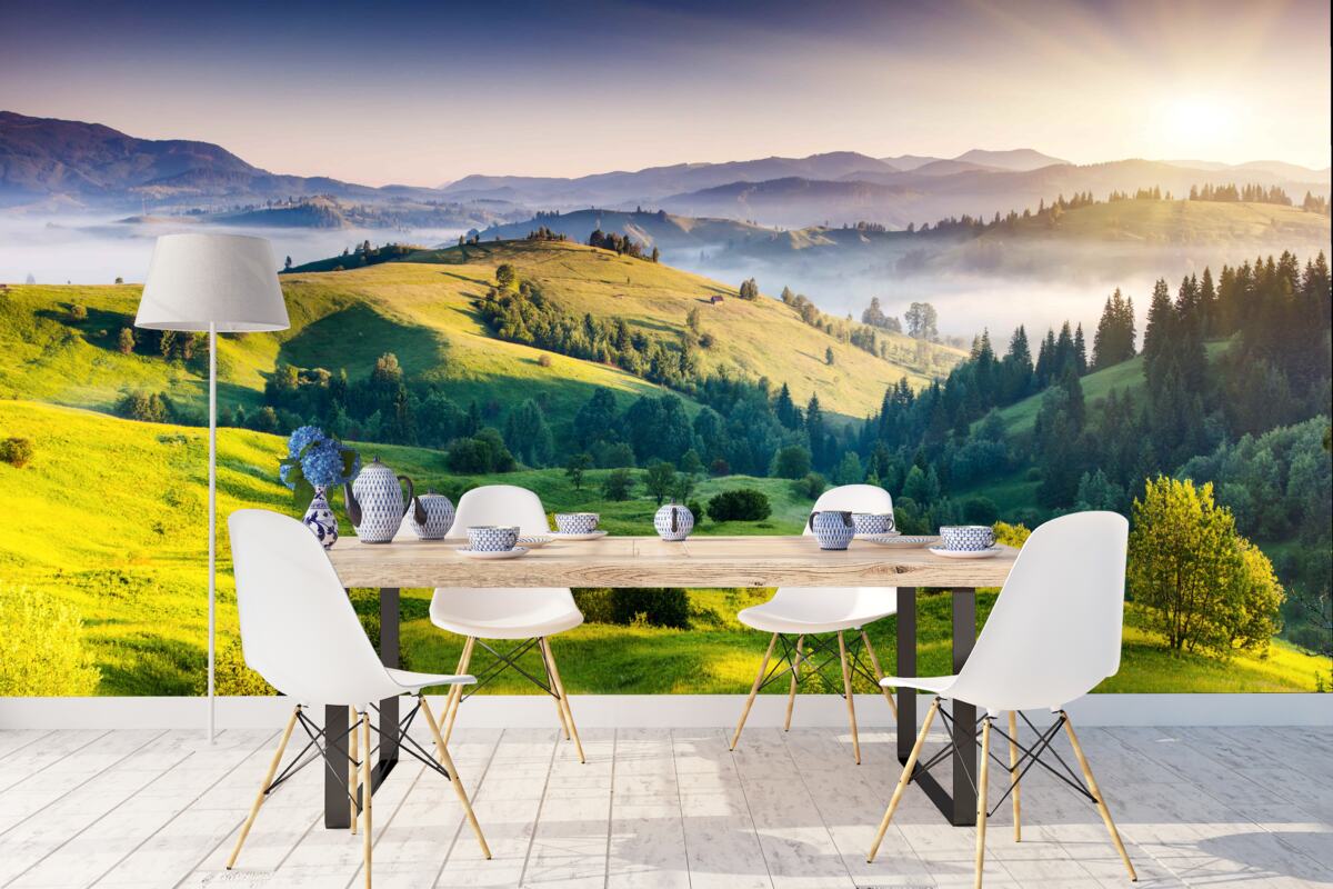 Фотошпалери гірські луки оживають у теплих променях світанку