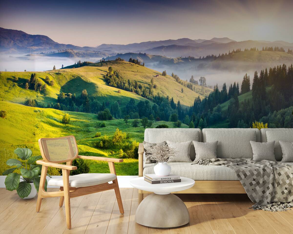 Фотошпалери гірські луки оживають у теплих променях світанку