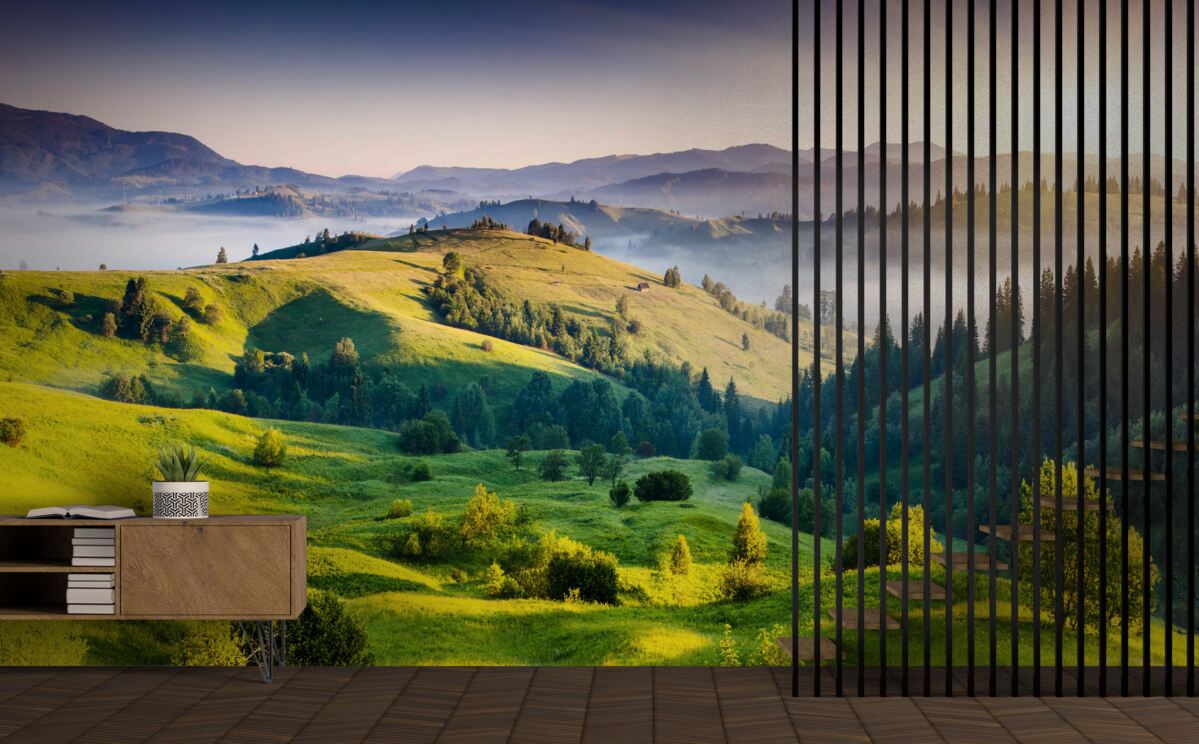 Фотошпалери гірські луки оживають у теплих променях світанку