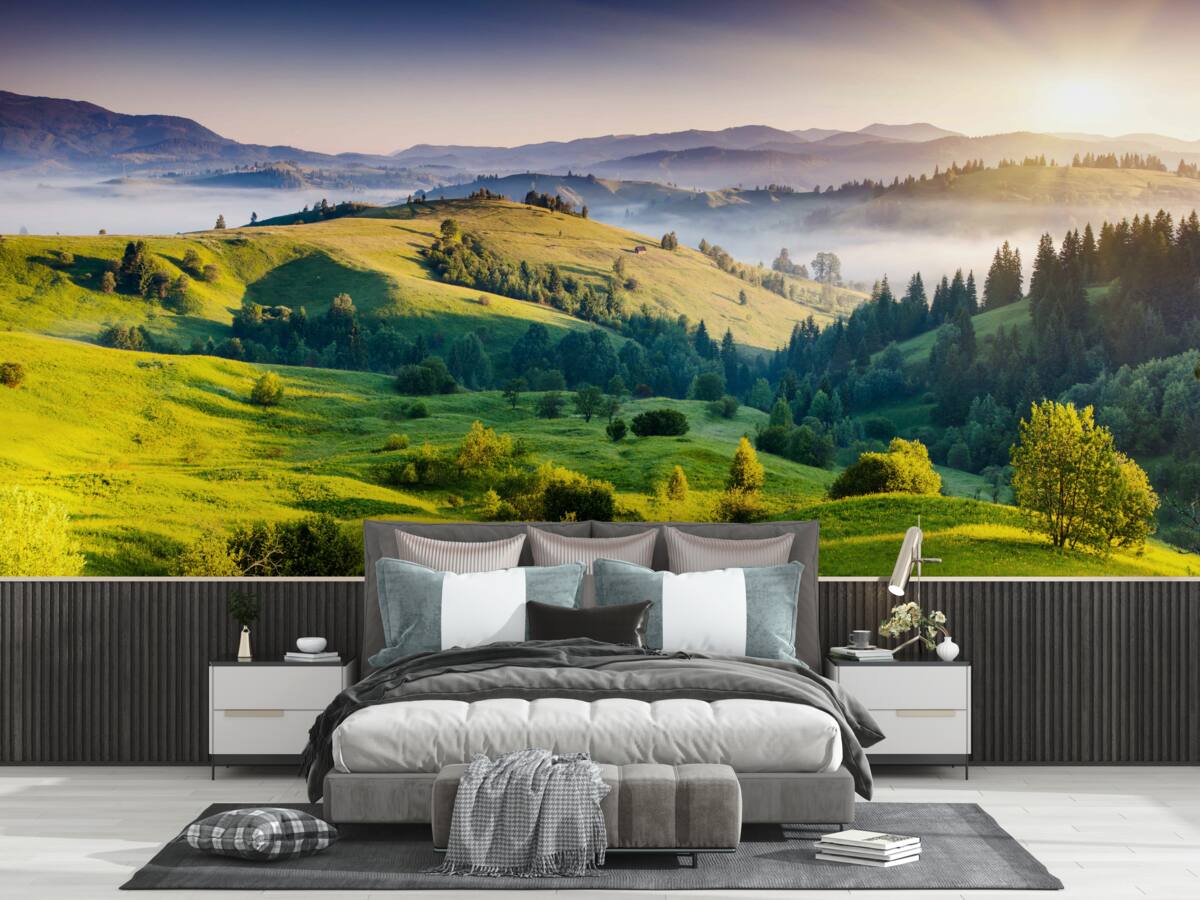 Фотошпалери гірські луки оживають у теплих променях світанку