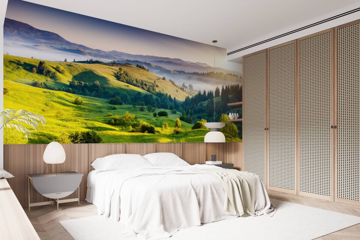 Фотошпалери гірські луки оживають у теплих променях світанку