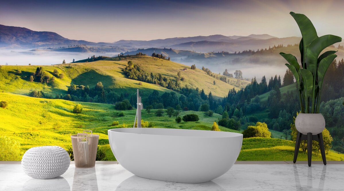 Фотошпалери гірські луки оживають у теплих променях світанку