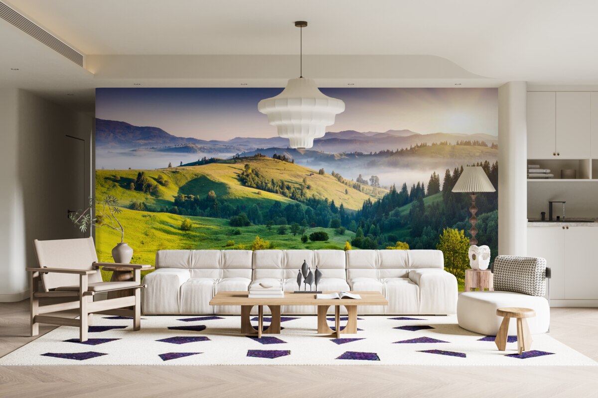 Фотошпалери гірські луки оживають у теплих променях світанку