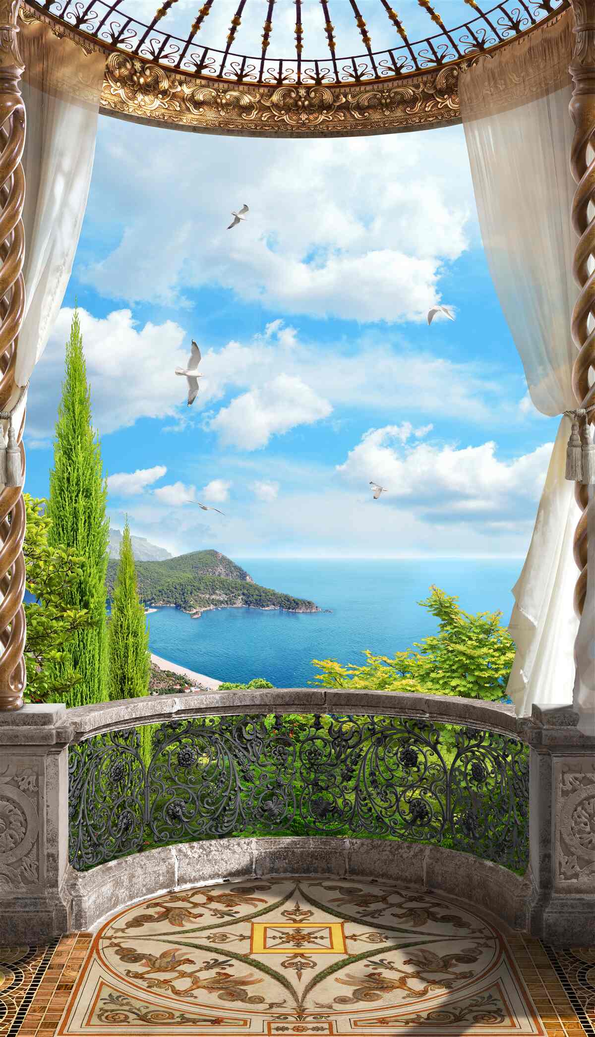 Фотошпалери веранда з панорамним видом на море