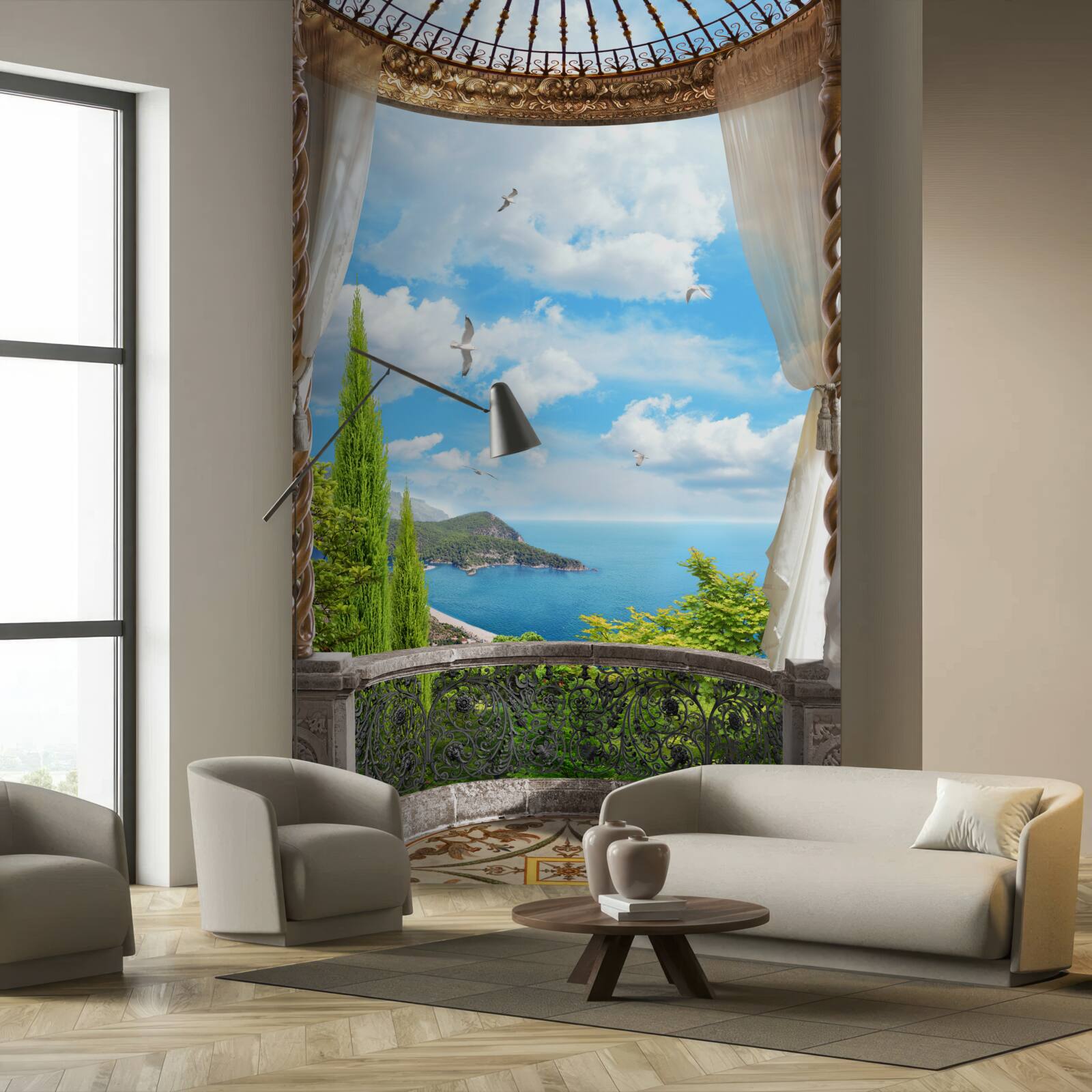 Фотошпалери веранда з панорамним видом на море