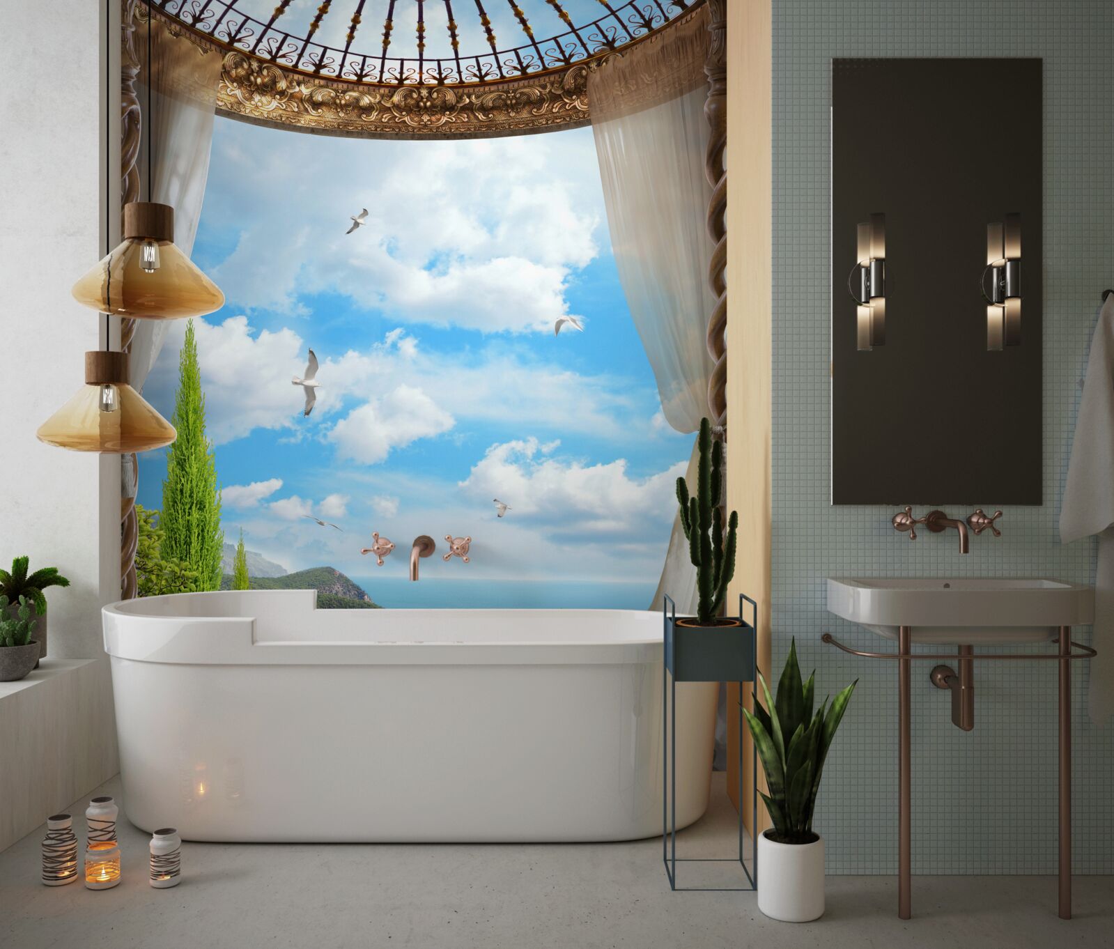 Фотошпалери веранда з панорамним видом на море