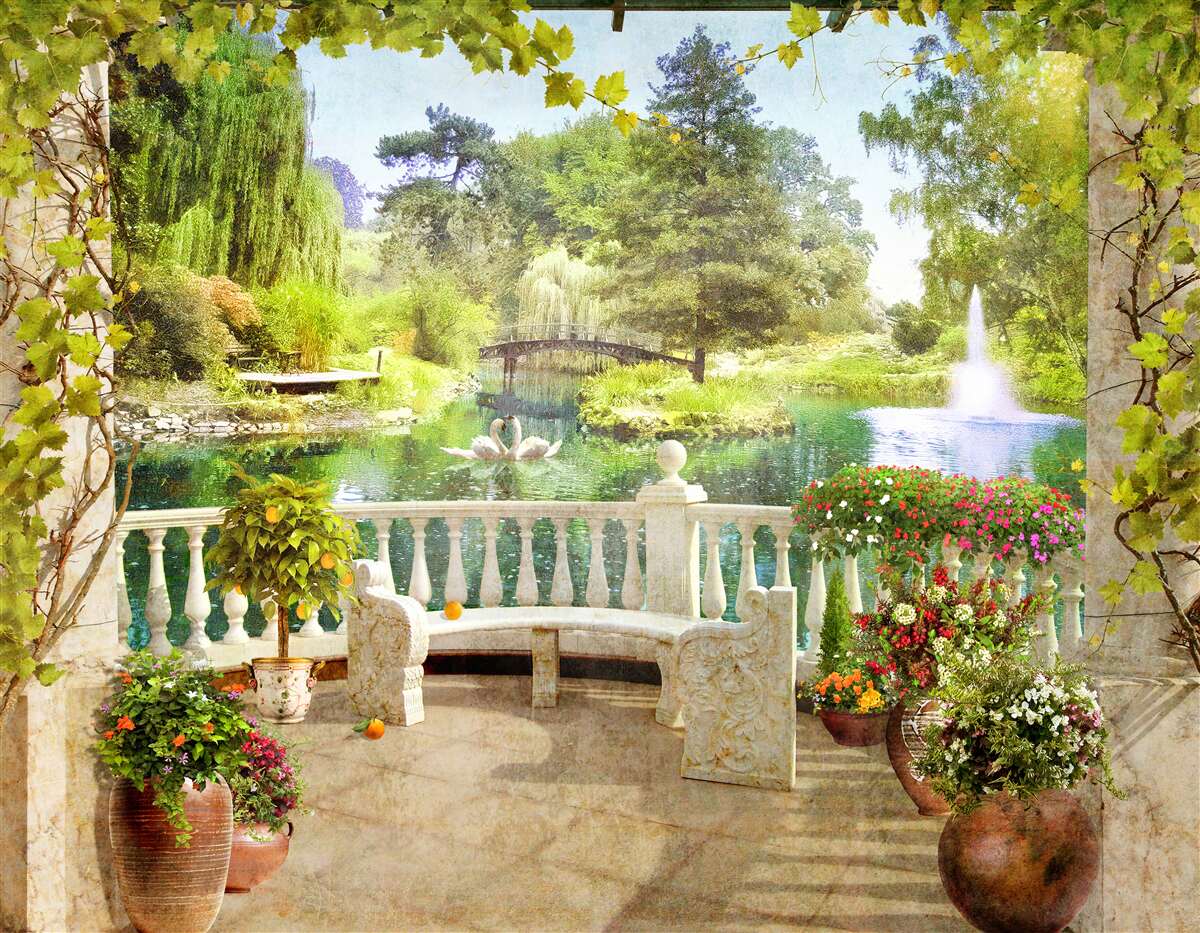 Фотошпалери Лебеді біля озера на терасі