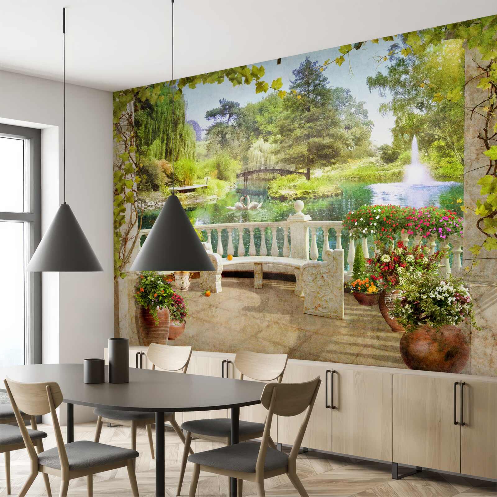 Фотошпалери Лебеді біля озера на терасі