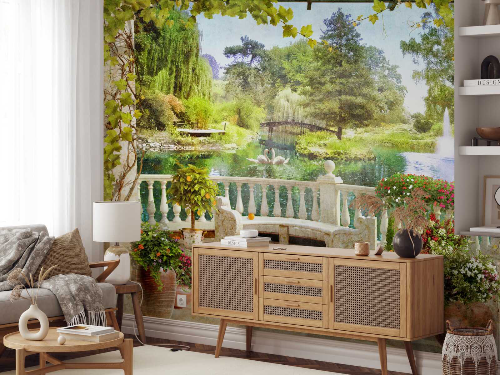 Фотошпалери Лебеді біля озера на терасі