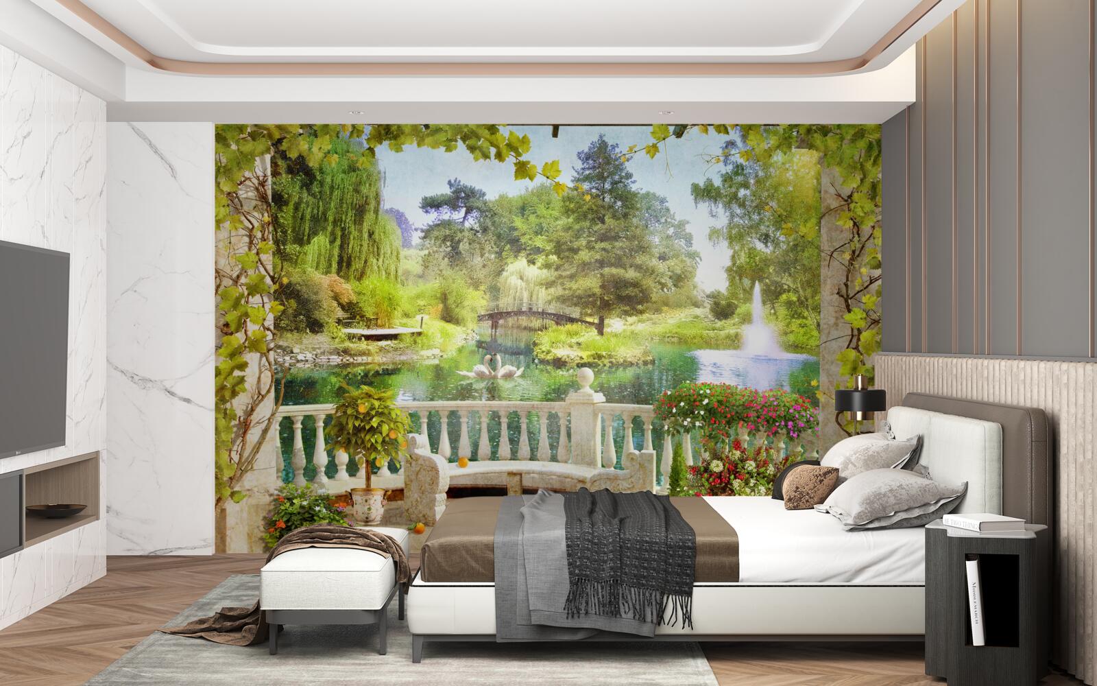 Фотошпалери Лебеді біля озера на терасі