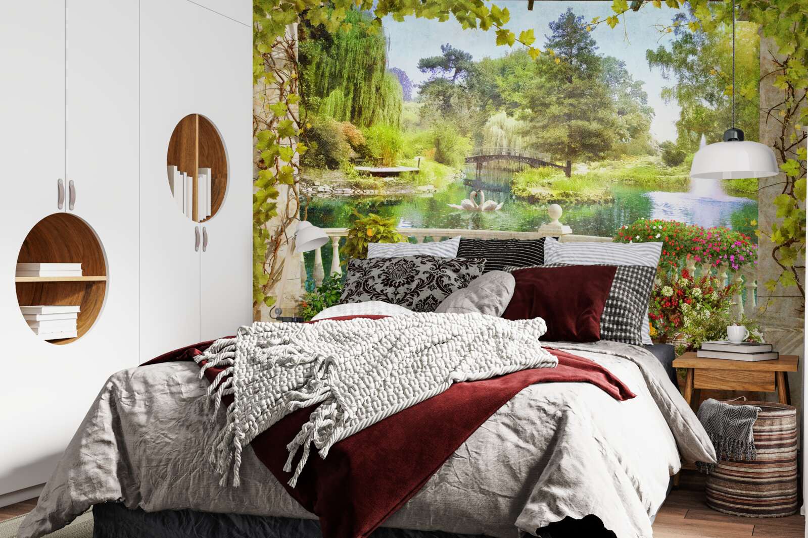 Фотошпалери Лебеді біля озера на терасі