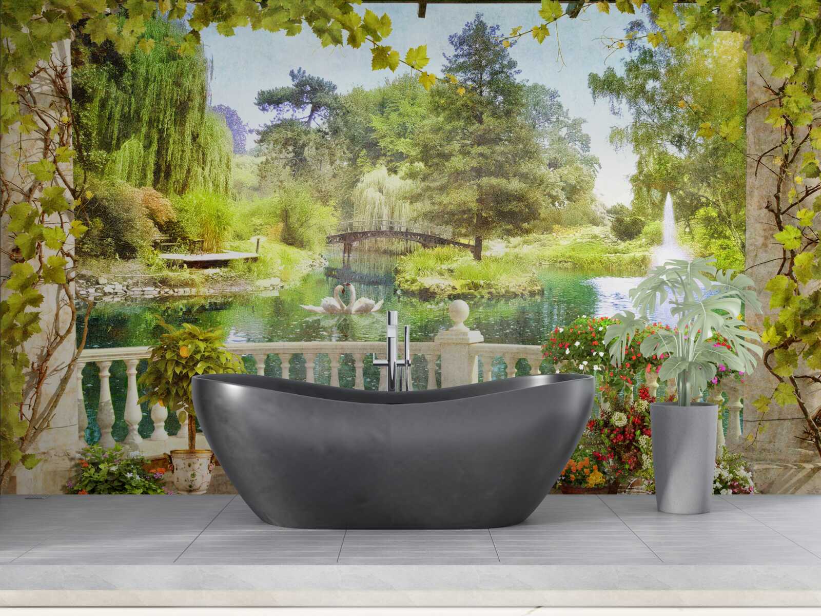 Фотошпалери Лебеді біля озера на терасі