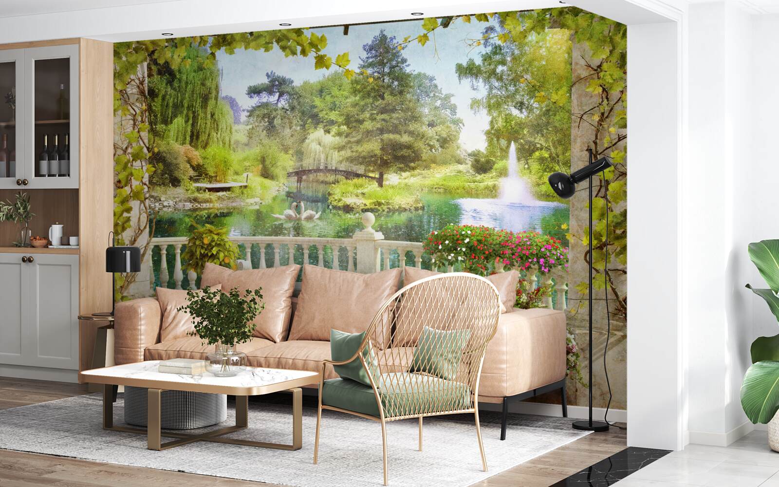 Фотошпалери Лебеді біля озера на терасі